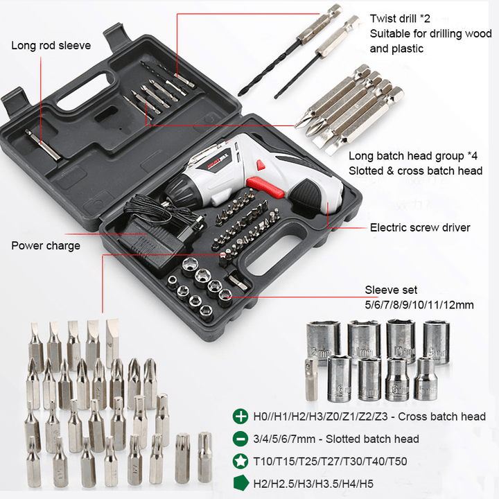 AUGIENB 4.8V Multi-Function Electric Screwdriver Portable Charging W/ 44Pcs Screws Power Tool Set - MRSLM