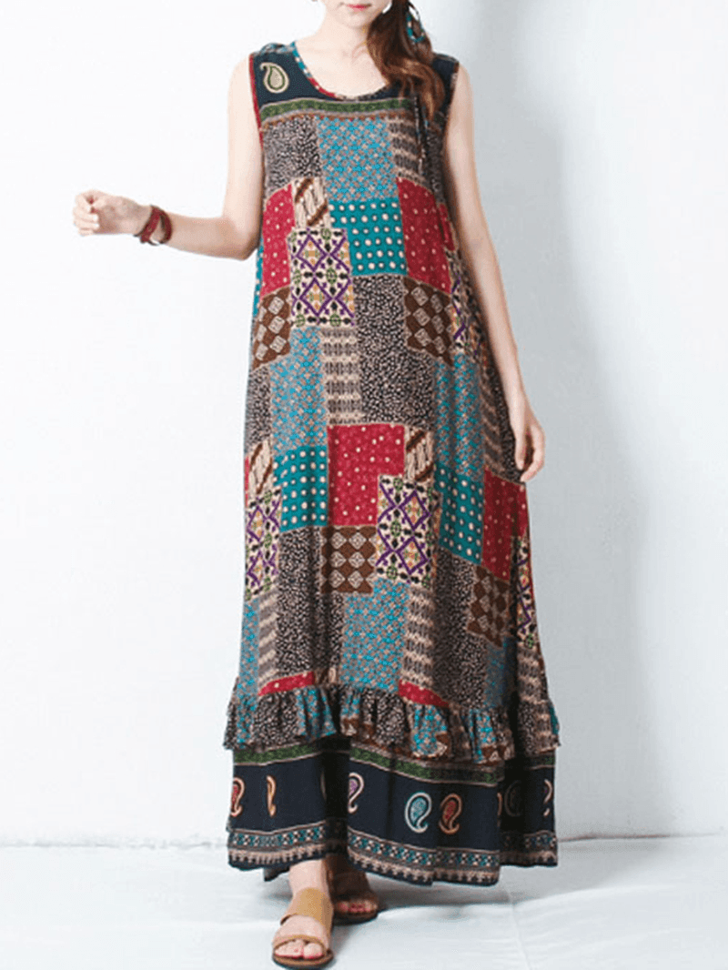 Bohemian Women Sleeveless O-Neck Printed Maxi Tank Dress - MRSLM