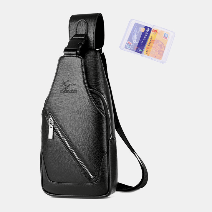 Men PU Leather USB Charging Waterproof Earphone Hole Business Crossbody Bag Chest Bag Sling Bag - MRSLM