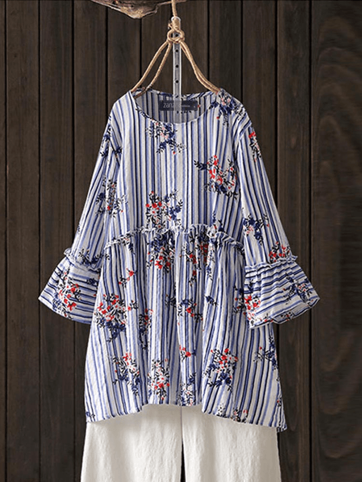 Women Casual Floral Printed O-Neck 3/4 Flare Sleeve Blouse - MRSLM