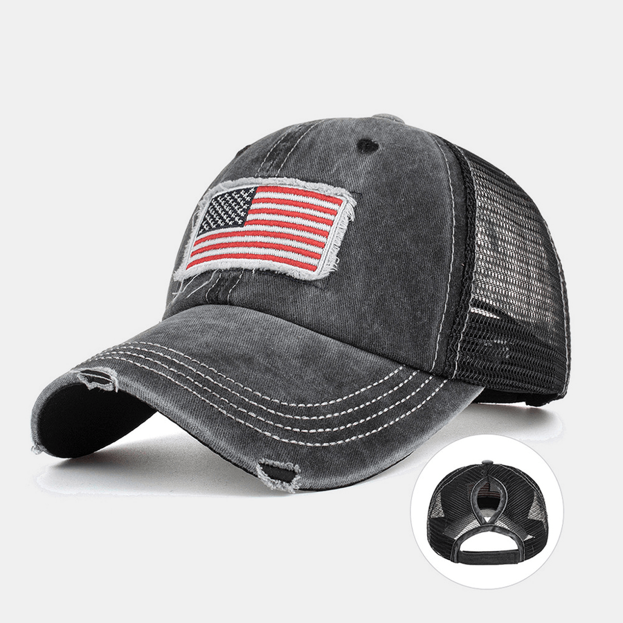 Unisex Washed American Flag Patch Ponytail Baseball Cap Mesh Breathable Casquette Summer Snapback Hat - MRSLM