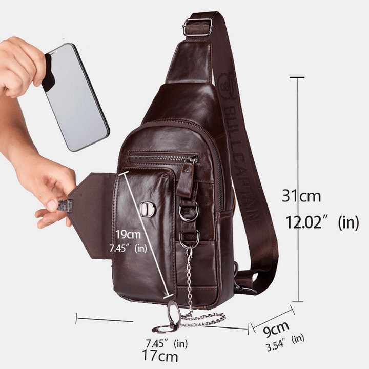 BULLCAPTIAN Men Multi-Pocket Soft Leather Chest Bag Vintage Mobile Phone Holder Chain Crossbody Shoulder Bag - MRSLM