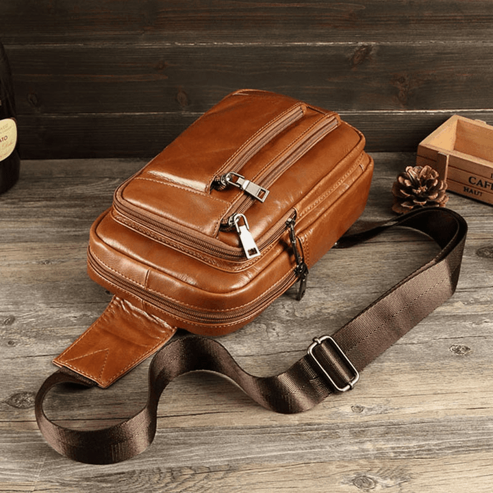 Men Retro Soft Leather Multi-Pocket Chest Bag Multifunction Large Capacity Messenger Bag Single Shoulder Bag - MRSLM