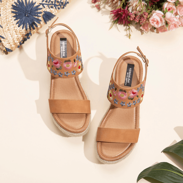 Women Espadrilles Embroidery Flowers Buckle Strap Slingback Platform Sandals - MRSLM