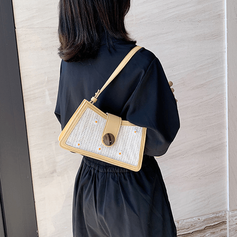 Women Patchwork PU Straw Soild Daisy Shoulder Bag Handbag - MRSLM