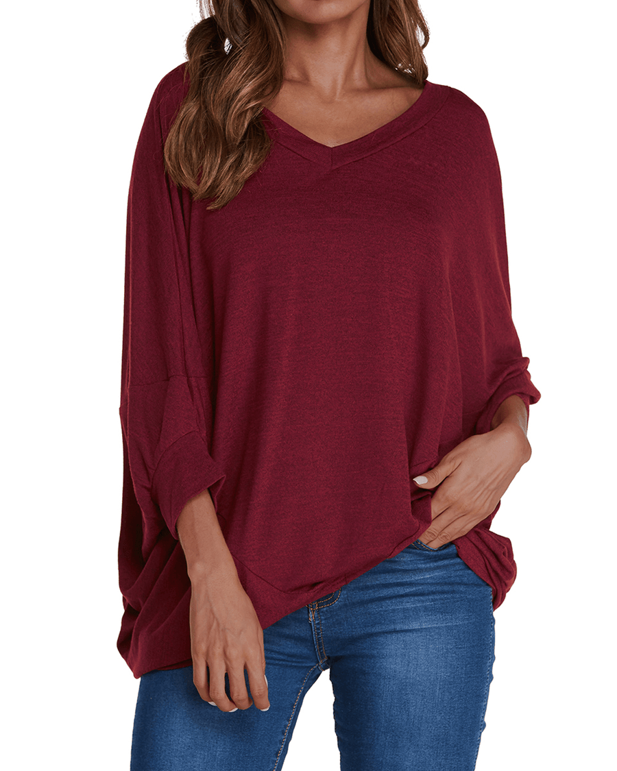 Women Pullover V Neck Long Sleeve Irregular Hem Casual Loose Blouse - MRSLM