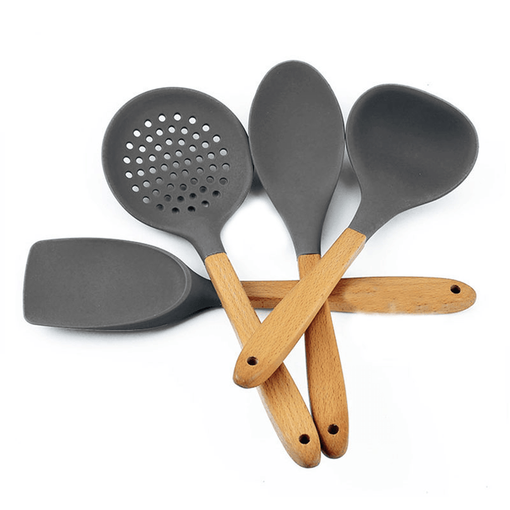 7 Pcs Wooden Handle Silicone Kitchenware Outdoor Camping Tableware Portable Multi Cooking Tools - MRSLM