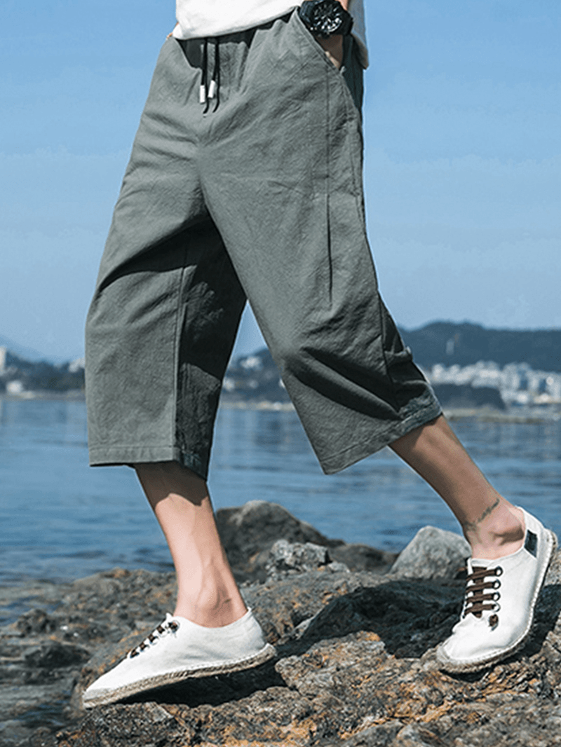 Mens 100% Cotton Elastic Waist Breathable Calf Length Casual Pants - MRSLM