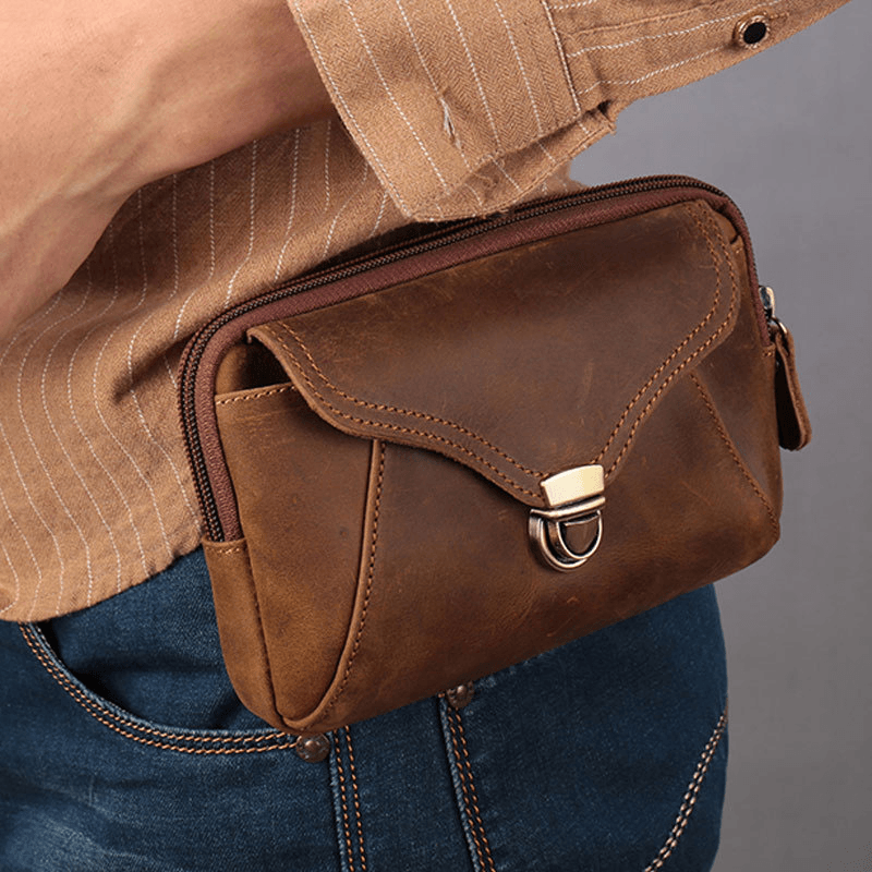 Men Genuine Leather Waterproof Large Capacity Phone Bag Cowhide Waist Packs Coin Purse - MRSLM