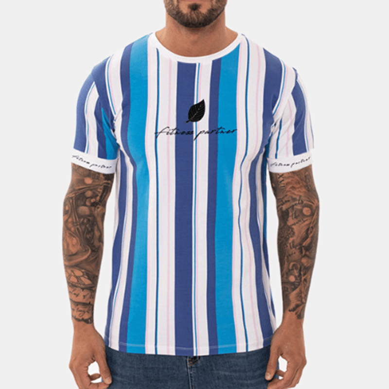 Men Vertical Stripe Short Sleeve Hawaiian T-Shirts - MRSLM