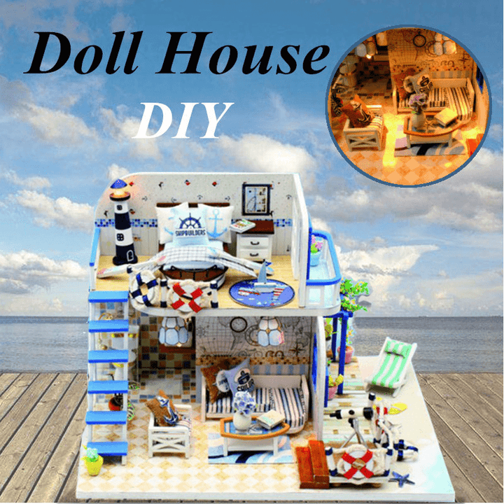 Hoomeda DIY Wooden Doll House Blue Ocean Coast Miniature Furniture Music Light Gift Decoration - MRSLM