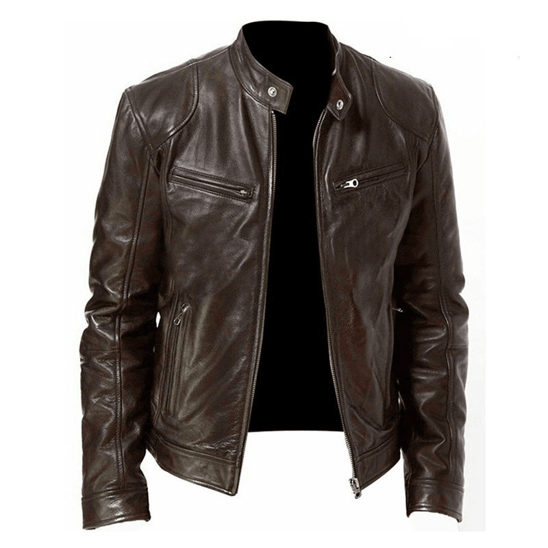 Men'S Zip Cardigan PU Leather Jacket with Stand Collar - MRSLM