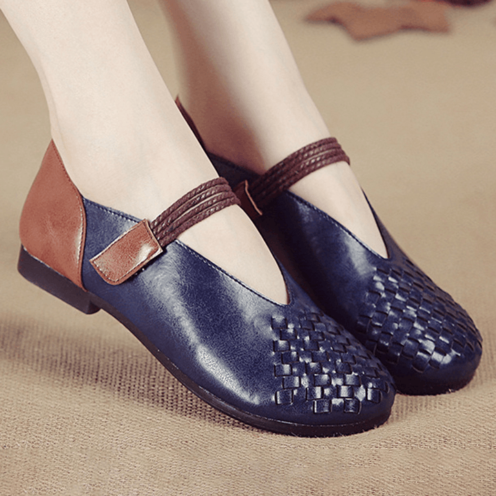 Women Genuine Leather Knitted Casual Hook Loop Flats - MRSLM