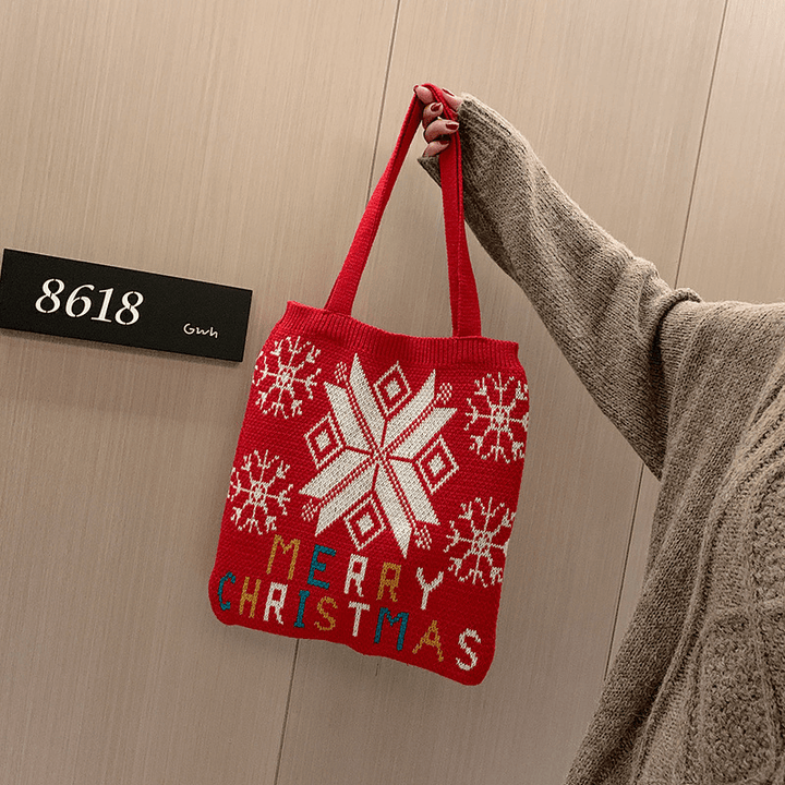 Women Wool Christmas Tree Snowflake Letter Pattern Casual Festive Handbag Tote Shoulder Bag - MRSLM