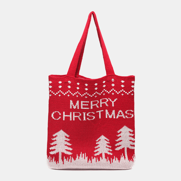 Women Wool Christmas Tree Snowflake Letter Pattern Casual Festive Handbag Tote Shoulder Bag - MRSLM