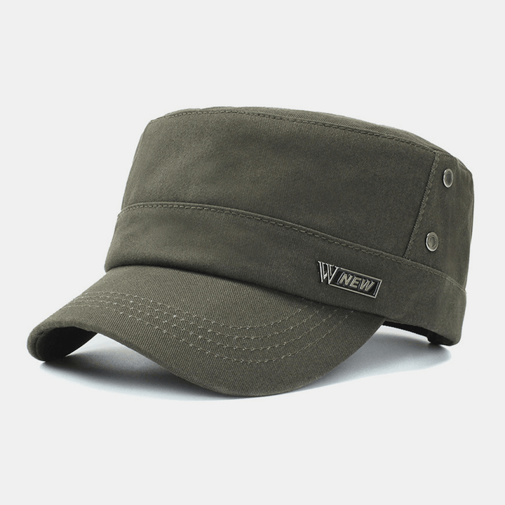 Men Metal Label Wide Brim Breathable Hole Design Army Cap Cadet Hat Casual All-Match Spring Summer Sunshade Military Cap Flat Top Cap - MRSLM