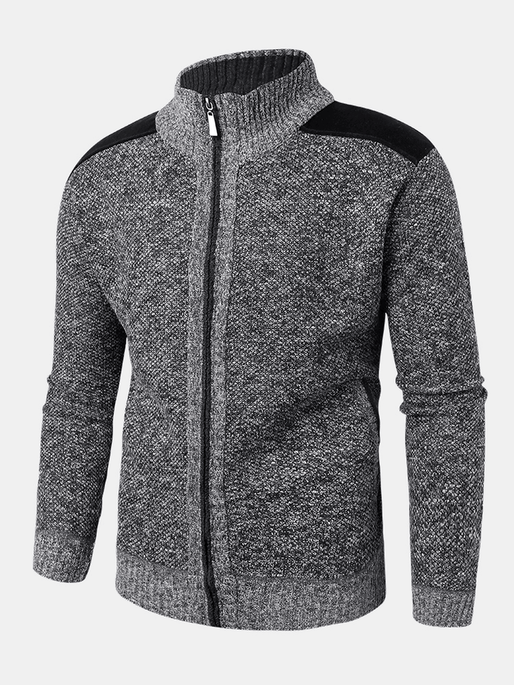 Mens Patchwork Zip Front Knit Patched Sleeve Warm Cardigans - MRSLM