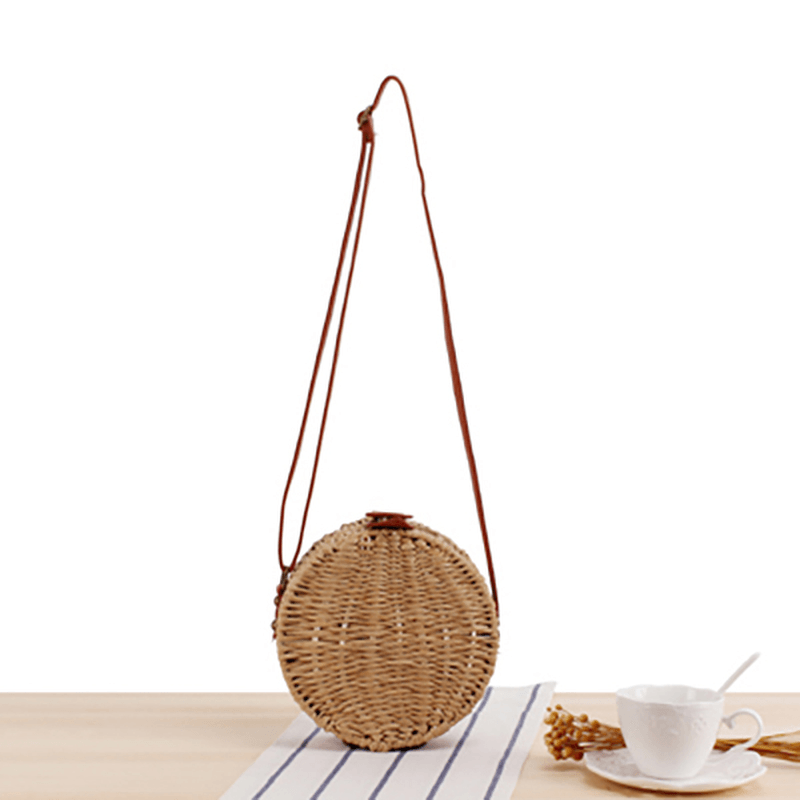 Women round Woven Straw Crossbody Bag Solid Beach Bag - MRSLM