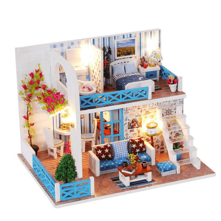 Wooden Multi-Style 3D DIY Handmade Assemble Doll House Miniature Kit with Furniture LED Light Education Toy for Kids Gift Collection - MRSLM