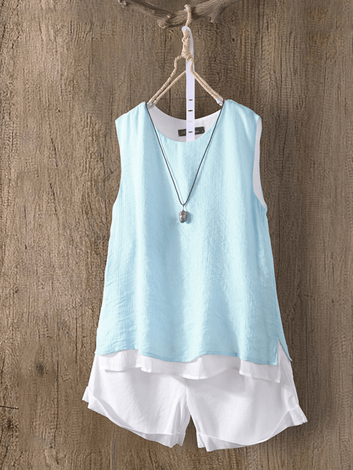 Women O-Neck Pure Color False Two-Piece Sleeveless Tank Tops - MRSLM