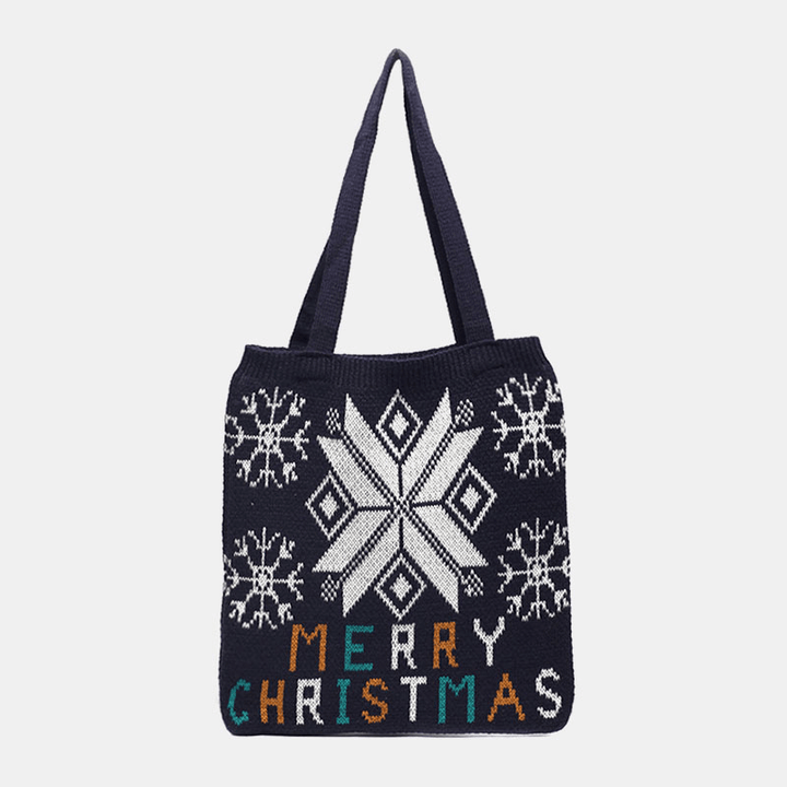 Women Wool Christmas Tree Snowflake Letter Pattern Casual Festive Handbag Tote Shoulder Bag - MRSLM