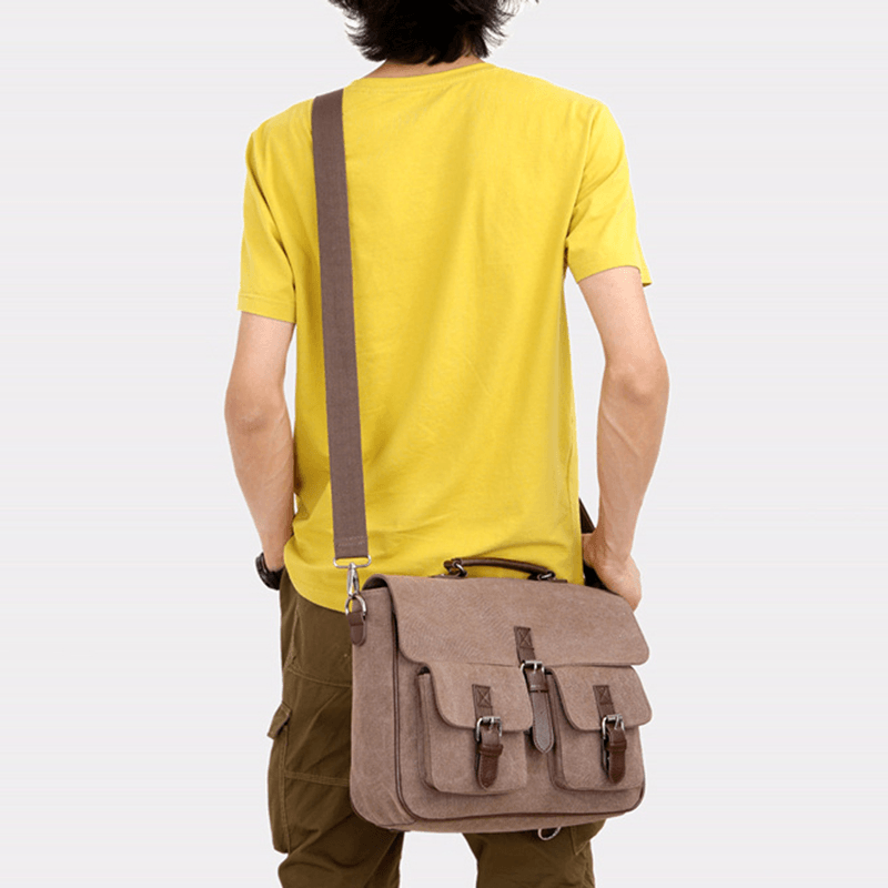 Men PU Leather Canvas Large Capacity 14 Inch Multifuntion Briefcase Crossbody Bags Handbag Backpack - MRSLM