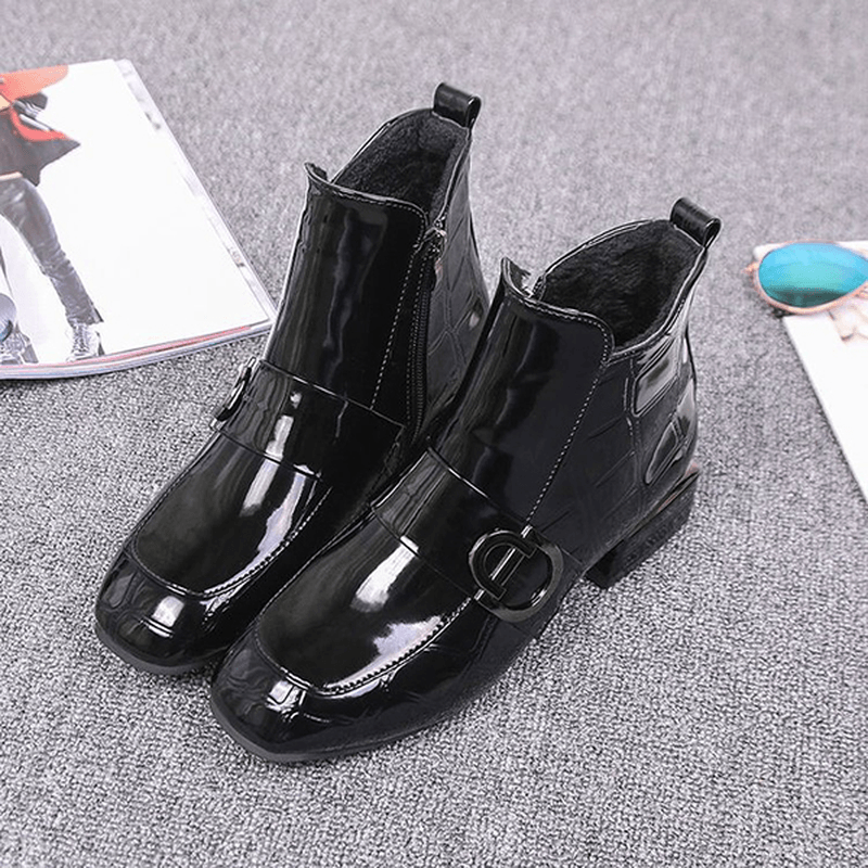 Women Chic Embossed Patent Buckle Zipper Ankle Boots - MRSLM