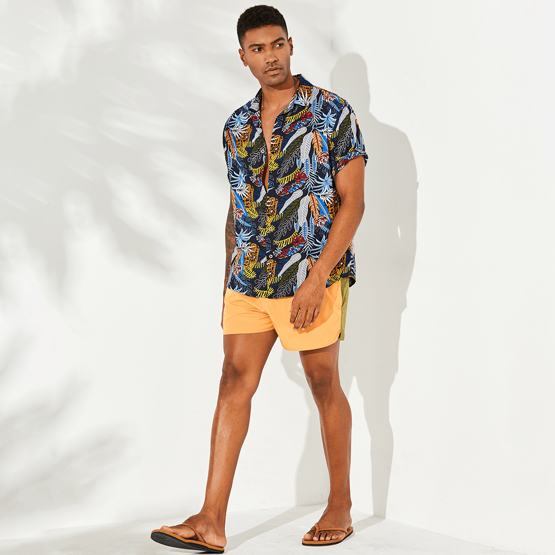 Men Hawaiian Colorful Leaf Printed Short Sleeve Loose Shirts - MRSLM