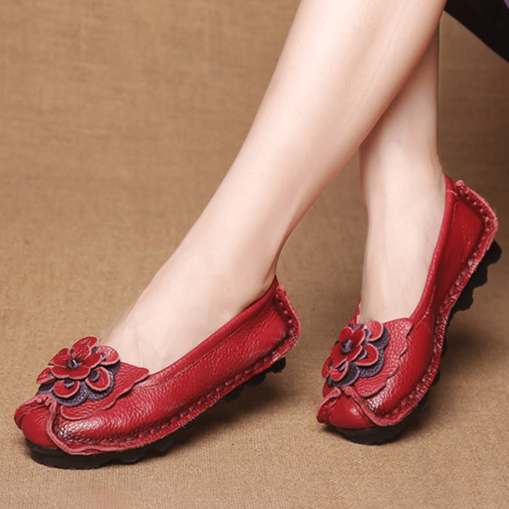 Women Shoes Casual Comfortable Floral Leather Flats - MRSLM