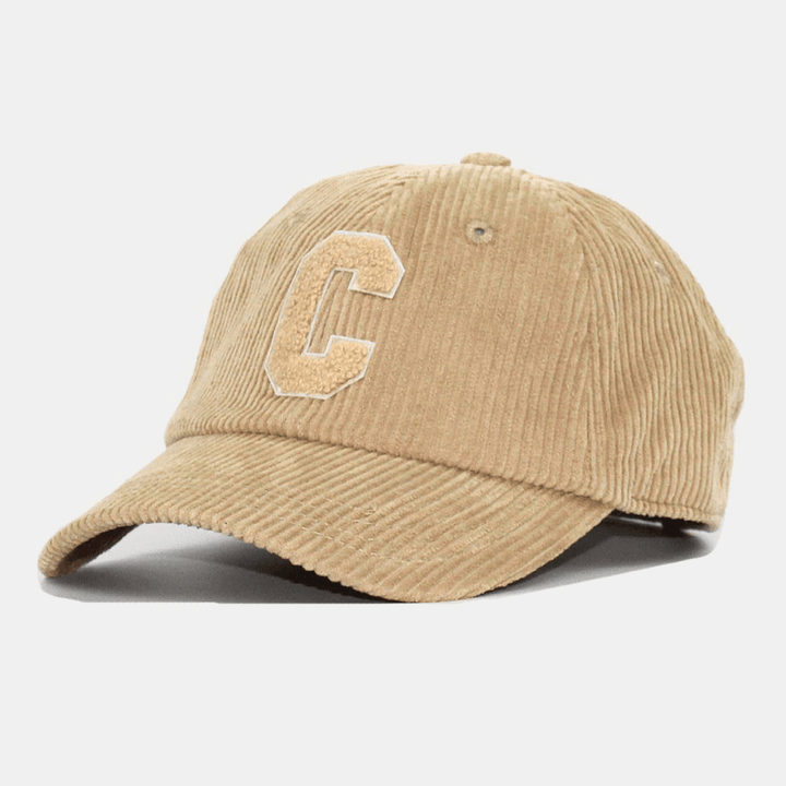 Unisex Corduroy Big C Letter Pattern Embroidery Baseball Cap Autumn Winter Soft Top Curved Brim Stripe Sunshade Hat - MRSLM