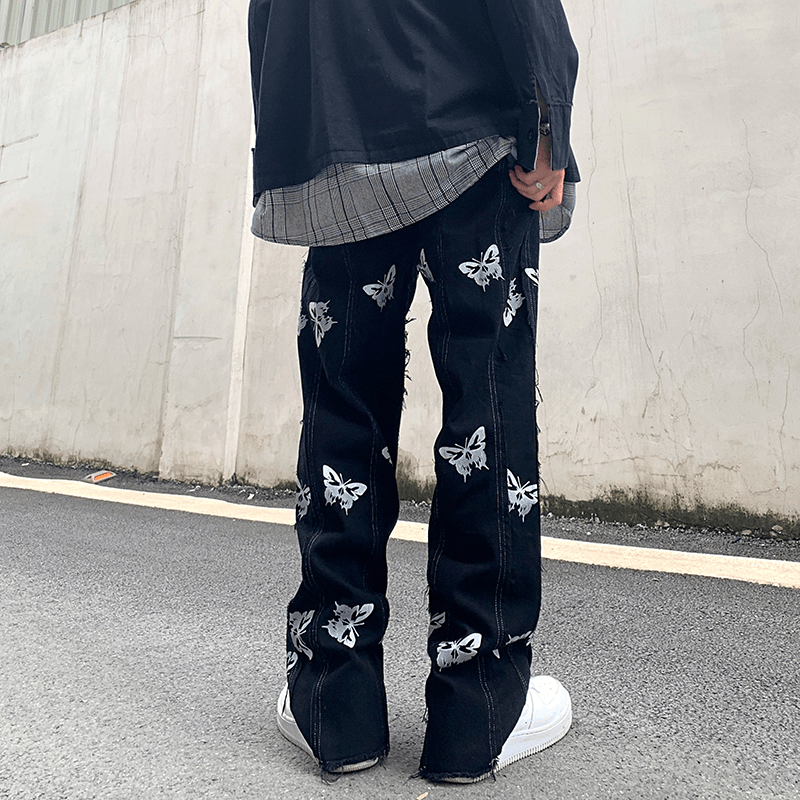 Niche Personality Butterfly Reflective Printing Stitching Tassel Harajuku Hip-Hop Street Straight Jeans Dark Ins Tide - MRSLM