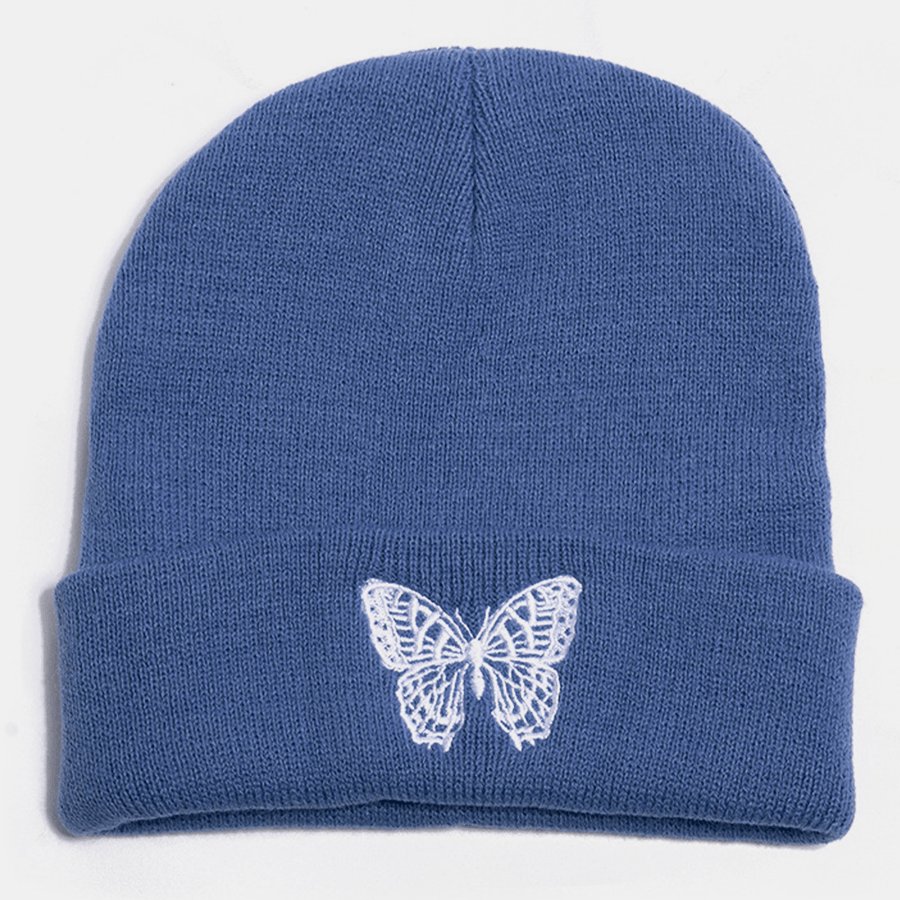 Unisex Wool Warm Elastic Casual Cartoon Butterfly Embroidery Pattern Knitted Hat Brimless Beanie - MRSLM