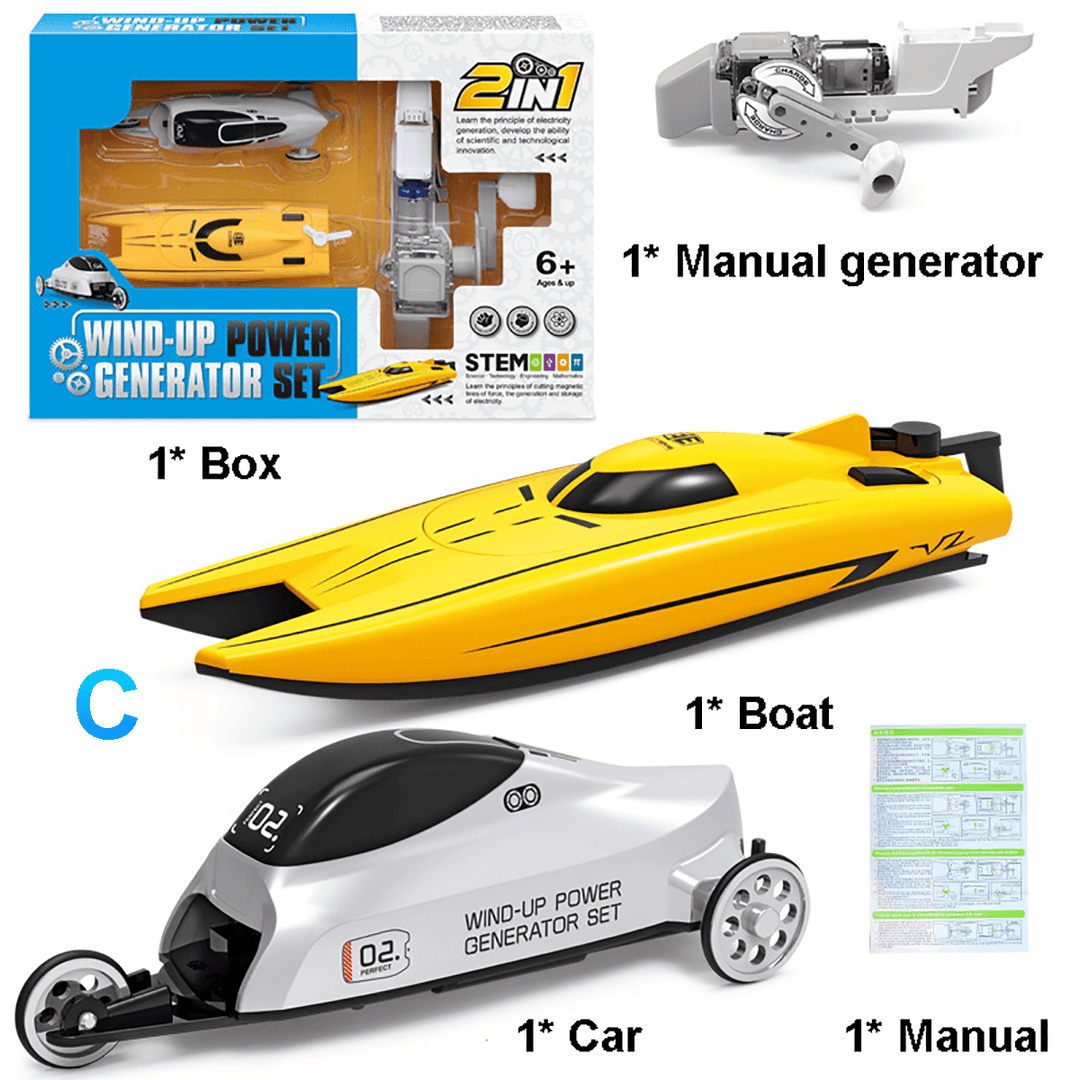 Kids Manual Crank Generator Boat Car Outdoor Pool Teens Educational Toys Kits - MRSLM