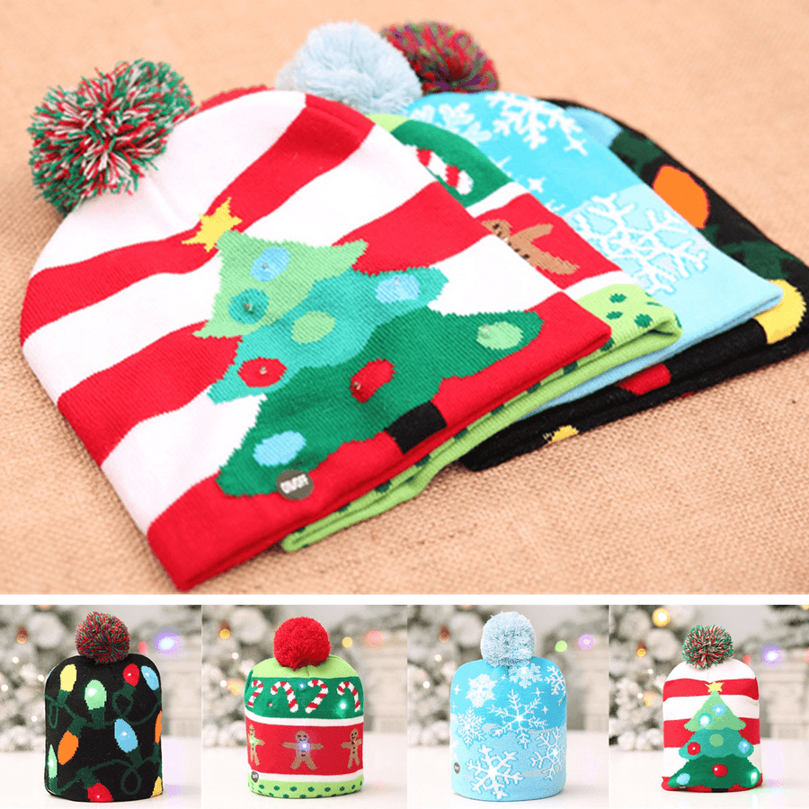 Christmas LED Light Winter Warm Beanie Cap Santa Claus Snowflake Knitted Hat - MRSLM