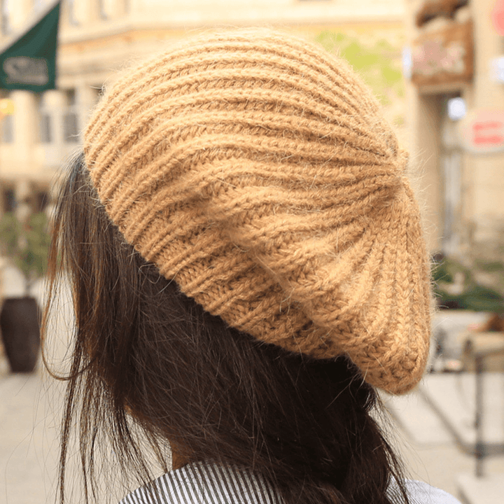 Women Rabbit Hair Blend Knitted Hat Solid Color Thicken Warmth Beret Cap - MRSLM