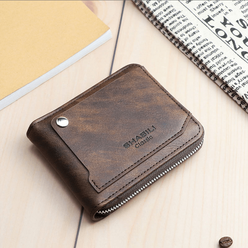 Men Faux Leather Retro Classical Draw Card Slot Bifold Zipepr Card Holder Wallet - MRSLM