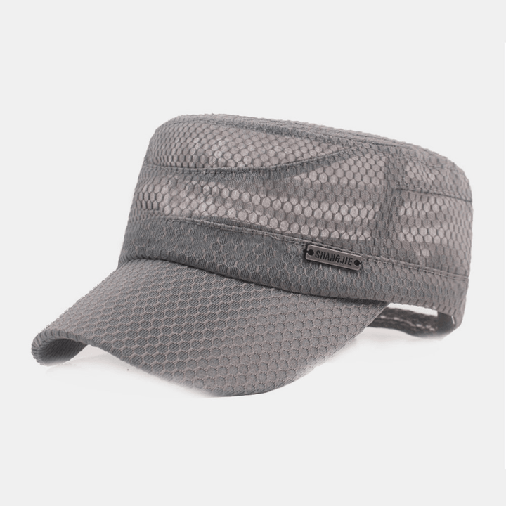 Men Adjustable Mesh Breathable Solid Color Military Cap Flat Cap with Letter Metal Label - MRSLM