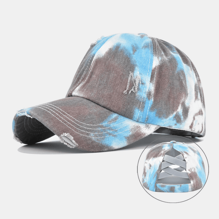 Unisex Colored Tie-Dye Ponytail Baseball Cap Broken Hole Big Brim Breathable Stretch Fit Cap - MRSLM