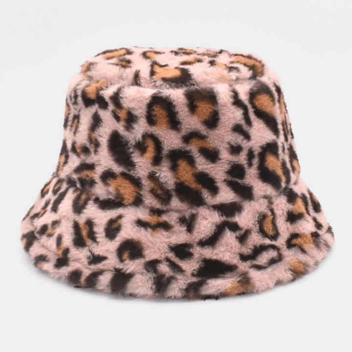 Women Lamb Hair Warm Soft Leopard Pattern Casual Personality Bucket Hat - MRSLM