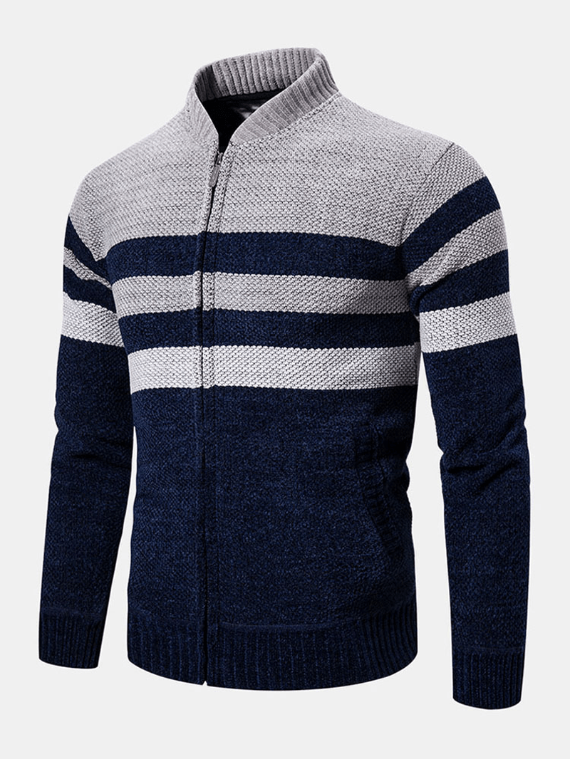 Mens Colorblock Striped Slant Pocket Baseball Collar Long Sleeve Sweater Hoodie Jacket - MRSLM