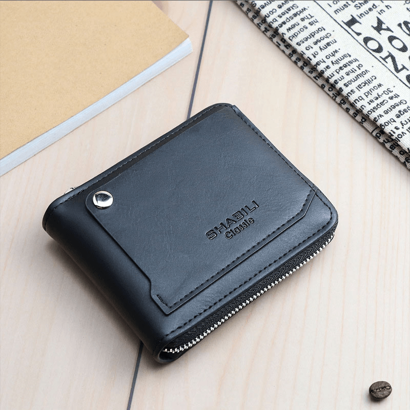 Men Faux Leather Retro Classical Draw Card Slot Bifold Zipepr Card Holder Wallet - MRSLM