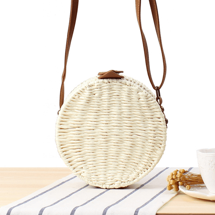 Women round Woven Straw Crossbody Bag Solid Beach Bag - MRSLM