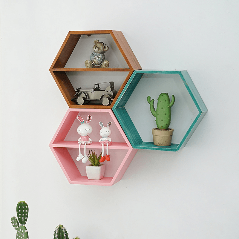 Hexagon Wall Mounted Shelf Rack Decorative Frame Wall Punch-Free Bookshelf Decorations Display Stand Organizer for Office Home Living Room Bathroom - MRSLM