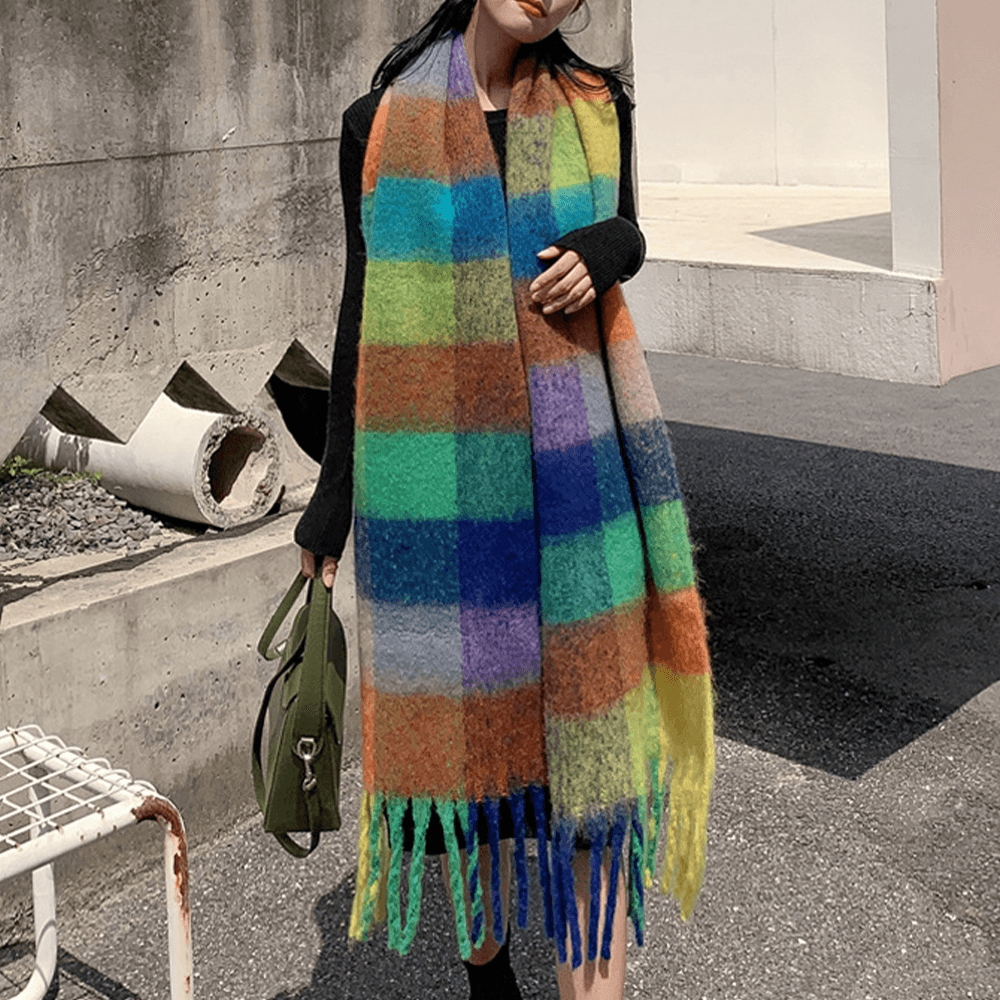 Women Cashmere Dual-Use Rainbow Mixed Color Stripes Thicken Warm plus Long Tassel Scarf Shawl - MRSLM