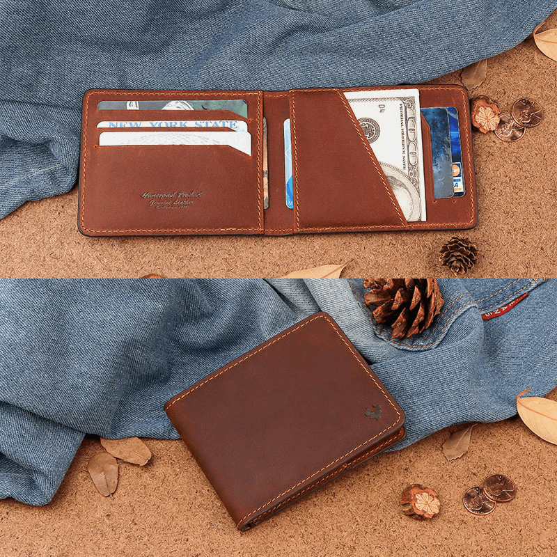 Men Genuine Leather RFID Anti-Theft Foldable Retro Business Ultra-Thin Card Holder Wallet - MRSLM