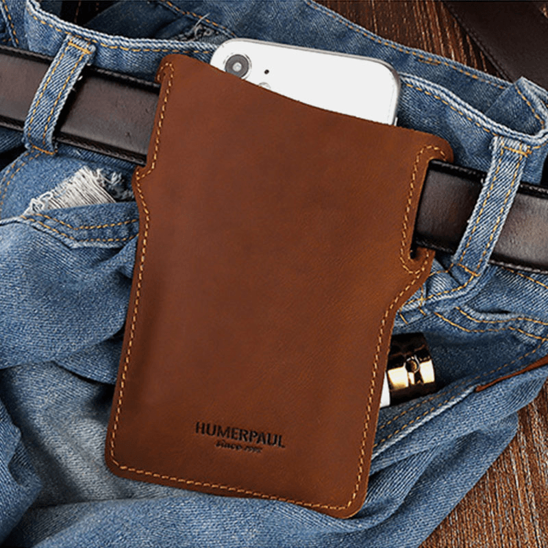 Men EDC Genuine Leather 6.5 Inch Phone Holder Sleeve Case Waist Belt Bag - MRSLM