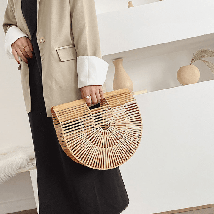 Women Bamboo Weaving Solid Color Hollow Saddle Shape Straw Bag Handbag - MRSLM