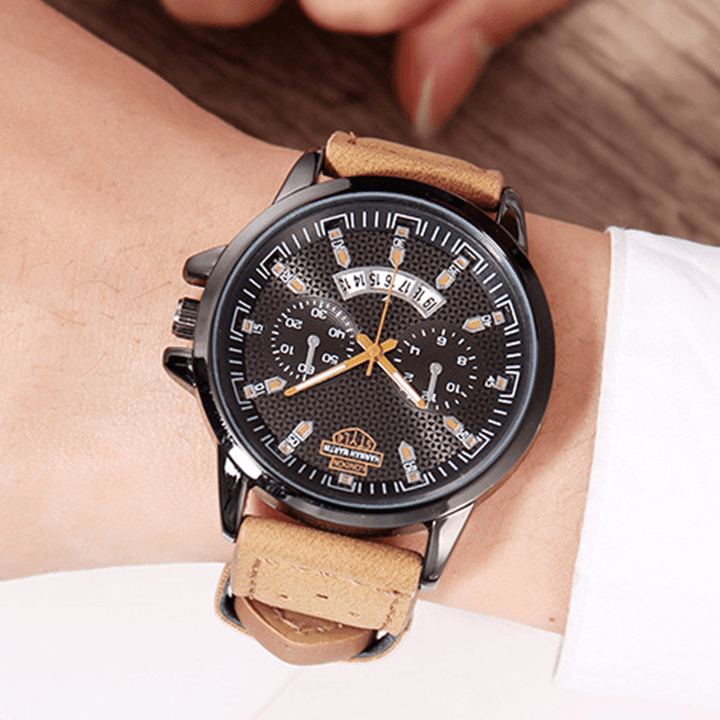 Vintage with Calendar round Dial Breathable PU Leather Band Waterproof Men Quartz Watch - MRSLM