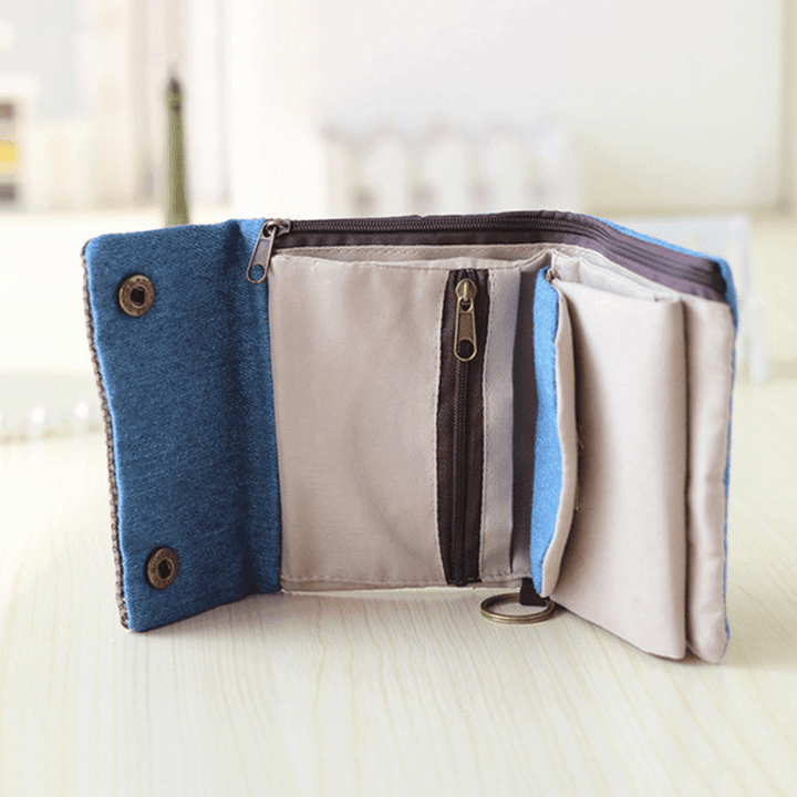 Women Handmade Three-Fold Purse Denim Wallet Casual Multi-Pockets Card Holder - MRSLM