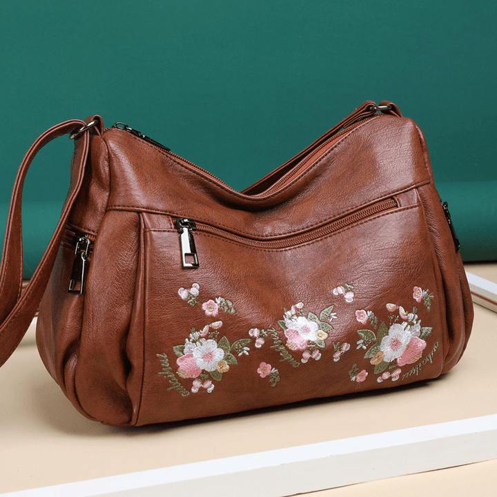 Women Ethnic Flower Embroidered Large Capacoty Crossbody Bag Vintage Texture Hardware Waterproof Breathable Soft Leather Shoulder Bag - MRSLM